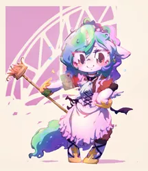 Size: 883x1024 | Tagged: safe, artist:toki, derpibooru import, princess celestia, pony, semi-anthro, bipedal, clothes, magic, maid, phone, solo