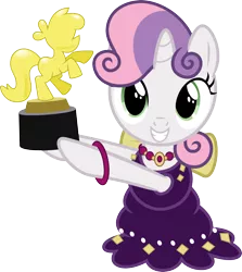 Size: 4000x4489 | Tagged: artist:jeatz-axl, award, clothes, derpibooru import, dress, for whom the sweetie belle toils, happy, looking at you, safe, simple background, smiling, solo, statue, sweetie belle, transparent background, trophy, vector, victory