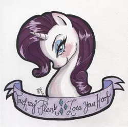 Size: 600x595 | Tagged: amputation, artist:d0nkarnage, banner, feminist ponies, mouthpiece, old banner, portrait, rarity, safe, signature, solo, subversive kawaii, text, threat, traditional art