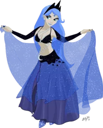 Size: 400x492 | Tagged: artist:zellykat, bedroom eyes, belly button, belly dancer, belly dancer outfit, cleavage, derpibooru import, female, harem outfit, human, humanized, jewelry, makeup, midriff, nail polish, princess luna, safe, simple background, solo, tiara