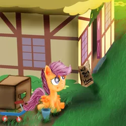 Size: 800x800 | Tagged: artist:gregeyman555, begging, box, cardboard box, derpibooru import, grass, homeless, orphan, sad, safe, scootalone, scootaloo, scootasad, scooter, solo, will x for y