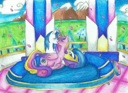 Size: 3248x2384 | Tagged: artist:fountainstranger, derpibooru import, female, kissing, male, petals, pregnant, princess cadance, safe, shining armor, shiningcadance, shipping, straight, traditional art