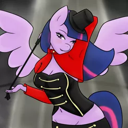 Size: 2000x2000 | Tagged: alicorn, anthro, artist:katiespalace, bedroom eyes, belly button, breasts, busty twilight sparkle, circus, cleavage, clothes, corset, derpibooru import, female, hat, ivorysdump, midriff, riding crop, ringmaster, solo, solo female, suggestive, top hat, tumblr, twilight sparkle, twilight sparkle (alicorn)