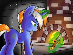 Size: 2582x1961 | Tagged: safe, artist:ambris, derpibooru import, oc, oc:alloy shaper, unofficial characters only, pony, unicorn, fallout equestria, fallout equestria: wasteland economics, fanfic, blacksmith, braid, commission, freckles, magic, plot, smiling, solo, sword, telekinesis, weapon