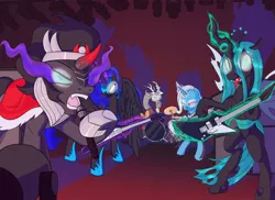 Size: 1024x745 | Tagged: safe, artist:princrim, derpibooru import, discord, king sombra, nightmare moon, queen chrysalis, trixie, alicorn, changeling, changeling queen, draconequus, pony, unicorn, antagonist, band, bipedal, concert, drum kit, drums, female, glowing eyes, guitar, magic, metal, microphone, musical instrument, singing, telekinesis, tongue out, white eyes