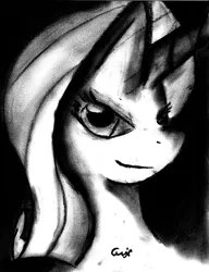 Size: 3157x4106 | Tagged: artist:qwixthetrappedone, derpibooru import, monochrome, portrait, rarity, safe, solo, traditional art