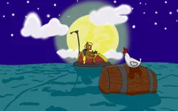 Size: 3000x1875 | Tagged: artist:scribbleclash, barrel, chicken, derpibooru import, grog, guybrush threepwood, kart, monkey island, moon, night, ocean, ponified, safe