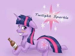 Size: 1600x1200 | Tagged: safe, artist:hot headed clover, derpibooru import, twilight sparkle, pony, unicorn, alcohol, blushing, drunk, drunk twilight, grin, smiling, solo, unicorn twilight