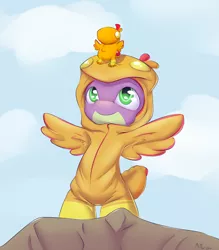 Size: 1050x1200 | Tagged: safe, artist:alasou, deleted from derpibooru, derpibooru import, peewee, spike, dragon, phoenix, baby, baby dragon, baby phoenix, cliff, clothes, cloud, costume, cute, diabetes, hoodie, male, peeweebetes, spikabetes, this will end in tears and/or death, wings