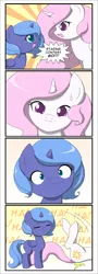 Size: 700x1950 | Tagged: :3, 4koma, artist:jdan-s, catface, cewestia, colored pupils, comic, cross-eyed, cute, cutelestia, derpibooru import, filly, funny face, laughing, lunabetes, princess celestia, princess luna, safe, scrunchy face, staring contest, woona, younger