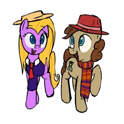Size: 1000x1000 | Tagged: artist:january3rd, clothes, derpibooru import, doctor who, doctor whooves, fedora, fourth doctor, hat, lalla ward, necktie, open mouth, ponified, raised hoof, romana, romana ii, safe, scarf, smiling, time turner, tom baker, walking