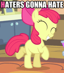 Size: 352x400 | Tagged: safe, derpibooru import, screencap, apple bloom, somepony to watch over me, adorabloom, animated, caption, cute, dancing, eyes closed, gif with captions, grin, happy, haters gonna hate, prancing, smiling, solo