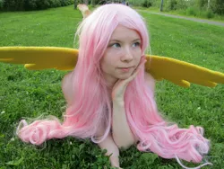 Size: 1024x768 | Tagged: artist:hedamiu, cosplay, derpibooru import, fluttershy, grass, human, irl, irl human, photo, prone, safe, solo