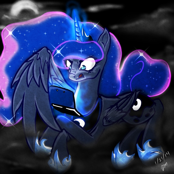 Size: 1800x1800 | Tagged: safe, artist:hairezz, derpibooru import, princess luna, gamer luna, 3ds, :p, :t, fog, glare, magic, prone, solo, telekinesis, tongue out, wide eyes, wing hands