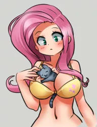 Size: 700x916 | Tagged: :<, adorasexy, artist:racoonsan, belly button, between breasts, big breasts, blushing, bra, breasts, busty fluttershy, cat, cleavage, clothes, cute, cutie mark underwear, derpibooru import, eyes closed, female, fluttershy, frown, human, humanized, kitten, midriff, petting, sexy, sleeveless, solo, solo female, suggestive, :t, underwear, wide eyes