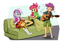 Size: 1397x926 | Tagged: safe, artist:twilite-sparkleplz, derpibooru import, apple bloom, scootaloo, sunset shimmer, sweetie belle, equestria girls, barefoot, blanket, bow, clothes, couch, cute, cutie mark crusaders, eyes closed, feet, female, guitar, hair bow, head on lap, jacket, midriff, open mouth, pillow, shimmerbetes, shirt, side, singing, sitting, skirt, sleeping, smiling, sweatdrop, tanktop, twilite-sparkleplz is trying to murder us, yelling