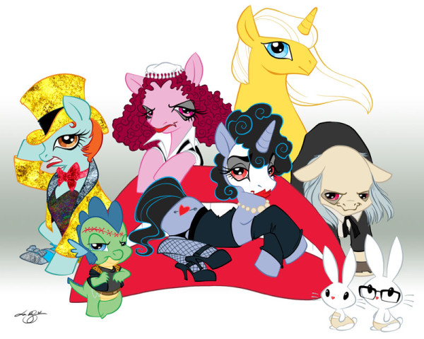 Size: 600x480 | Tagged: artist:lar desouza, brad majors, columbia, derpibooru import, dr. frank n furter, eddie, janet weiss, magenta, ponified, questionable, riff raff, rocky horror, rocky horror picture show, source needed, useless source url