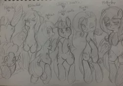 Size: 1004x698 | Tagged: applejack, artist:wonton soup, clothes, derpibooru import, fluttershy, grayscale, mane six, monochrome, on back, pinkie pie, pixiv, prone, rainbow dash, rarity, socks, suggestive, traditional art, twilight sparkle