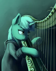 Size: 1091x1381 | Tagged: safe, artist:28gooddays, derpibooru import, lyra heartstrings, pony, fanfic:background pony, bipedal, clothes, emo lyra, harp, hoodie, musical instrument, ponies wearing black, solo