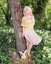 Size: 500x631 | Tagged: safe, artist:alchimique, derpibooru import, angel bunny, fluttershy, human, basket, cosplay, irl, irl human, photo, plushie, solo, tree