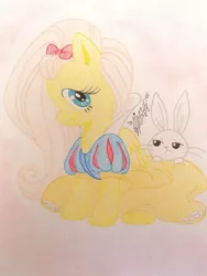 Size: 1024x1365 | Tagged: angel bunny, artist:pancheokun, clothes, derpibooru import, disney, dress, fluttershy, looking at you, profile, safe, sitting, snow white, traditional art