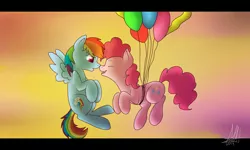 Size: 2500x1500 | Tagged: safe, artist:xapplejack324, derpibooru import, pinkie pie, rainbow dash, balloon, boop, eyes closed, female, floating, flying, lesbian, nose wrinkle, noseboop, pinkiedash, shipping, smiling, then watch her balloons lift her up to the sky