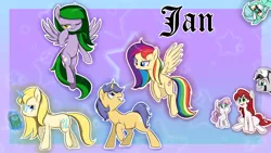 Size: 1024x576 | Tagged: safe, artist:jessy, derpibooru import, lyra heartstrings, sweetie belle, oc, oc:emerald may, oc:lynn, oc:palette swap, oc:rainbow rush, oc:tafkal, earth pony, pegasus, pony, unicorn, zebra, :o, annoyed, bedroom eyes, eye contact, flying, glasses, grin, irrational exuberance, looking at you, looking up, magic, raised hoof, sitting, smiling, spread wings, telekinesis, walking, wink