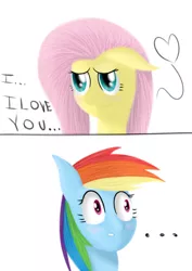 Size: 2480x3507 | Tagged: safe, artist:kriswanted, derpibooru import, fluttershy, rainbow dash, ..., blushing, dialogue, female, flutterdash, heart, lesbian, shipping, simple background, surprised