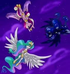 Size: 3800x4000 | Tagged: safe, artist:nekosnicker, derpibooru import, princess cadance, princess celestia, princess luna, alicorn, pony, twilight's kingdom, crown, flying, hoof shoes, jewelry, peytral, regalia, smiling, spread wings, wings