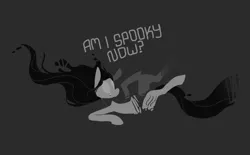 Size: 1759x1094 | Tagged: 2spooky, artist:enma-darei, derpibooru import, ghost, ghost pony, monochrome, oc, oc:rue, safe, solo, text, unofficial characters only