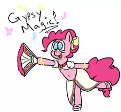 Size: 1238x1150 | Tagged: artist:jeremystorm, belly button, bow, butterfly, clothes, cosplay, derpibooru import, dialogue, dress, gypsy magic, gypsy pie, lunar 2, midriff, pinkie pie, romani, safe, solo