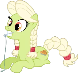 Size: 6354x5930 | Tagged: absurd resolution, artist:cloudyglow, braid, derpibooru import, granny smith, needle, safe, simple background, solo, thread, transparent background, vector, younger, young granny smith