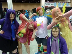 Size: 1280x960 | Tagged: artist needed, safe, artist:timevstheworld, derpibooru import, fluttershy, pinkie pie, rainbow dash, spike, twilight sparkle, human, 2012, calgary expo, clothes, convention, cosplay, irl, irl human, necktie, photo, rainbow socks, scarf, socks, striped socks