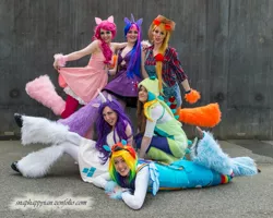 Size: 1007x806 | Tagged: applejack, armageddon expo, artist needed, convention, cosplay, derpibooru import, human, irl, irl human, leg warmers, overalls, oz comic-con, photo, pinkie pie, rainbow dash, rarity, safe, suspenders, twilight sparkle