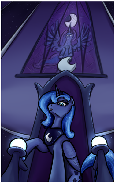 Size: 632x1008 | Tagged: artist:brainedbysaucepans, derpibooru import, low angle, princess luna, s1 luna, safe, solo, throne, throne room