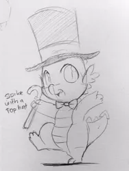 Size: 480x640 | Tagged: safe, artist:ende26, derpibooru import, spike, dragon, baby, baby dragon, bow, cane, cute, hat, male, monochrome, sketch, solo, spikabetes, text, top hat, traditional art