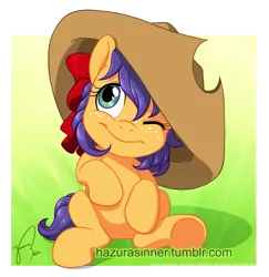 Size: 659x678 | Tagged: artist:hazurasinner, clothes, cute, derpibooru import, filly, freckles, hat, magical lesbian spawn, oc, oc:apple syrup, offspring, oversized clothes, parent:applejack, parent:rarity, parents:rarijack, safe, sitting, smiling, solo, underhoof, unofficial characters only, wink