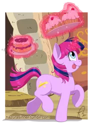 Size: 700x959 | Tagged: artist:hazurasinner, cake, canter, cupcake, cute, derpibooru import, looking up, magic, magical lesbian spawn, oc, ocbetes, oc:starchaser, offspring, :p, parent:pinkie pie, parents:twinkie, parent:twilight sparkle, running, safe, smiling, solo, telekinesis, unofficial characters only