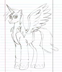 Size: 1275x1478 | Tagged: safe, artist:aaronwolf17, derpibooru import, oc, oc:hunter, unofficial characters only, alicorn, pony, alicorn oc, grayscale, lined paper, monochrome, solo, traditional art