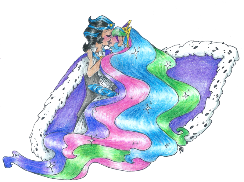 Size: 2553x1903 | Tagged: artist:fountainstranger, cape, celestibra, clothes, derpibooru import, eyes closed, eyeshadow, good king sombra, hug, human, humanized, king sombra, kissing, princess celestia, safe, shipping, simple background, traditional art, transparent background