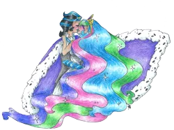 Size: 2553x1903 | Tagged: artist:fountainstranger, cape, celestibra, clothes, derpibooru import, eyes closed, eyeshadow, good king sombra, hug, human, humanized, king sombra, kissing, princess celestia, safe, shipping, simple background, traditional art, transparent background