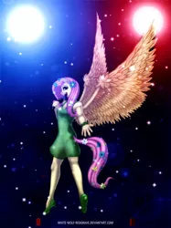 Size: 765x1024 | Tagged: anthro, artist:wwredgrave, blue light, butterfly, clothes, derpibooru import, dress, feather, filli vanilli, flower, fluttershy, high heels, lens flare, lights, microphone, pose, red light, safe, singing, solo, stars, wings