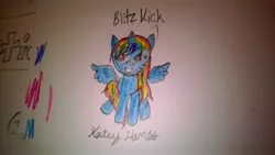 Size: 3552x2000 | Tagged: safe, artist:katey hanes, derpibooru import, oc, oc:blitz kick, unofficial characters only, alicorn, pony, alicorn oc, not rainbow dash, rainbow hair, sitting, solo