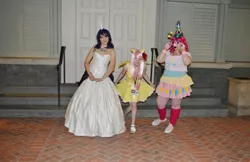 Size: 2048x1326 | Tagged: 2014, artist needed, clothes, convention, cosplay, derpibooru import, dress, fluttershy, groucho mask, hat, human, irl, irl human, katsucon, katsucon 2014, necklace, party hat, photo, pinkie pie, rarity, safe, short dress