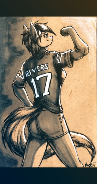 Size: 474x900 | Tagged: american football, anthro, artist:boneitis, bicep, clothes, derpibooru import, flexing, jersey, looking back, nfl, philip rivers, pose, rainbow dash, safe, san diego chargers, shorts, smirk, solo, wingless, wingless anthro