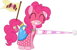 Size: 1379x900 | Tagged: artist:parclytaxel, artist:xenoneal, cape, clothes, cute, derpibooru import, eyes closed, grin, jousting, lance, mask, pinkie pie, safe, simple background, smiling, solo, svg, .svg available, transparent background, vector
