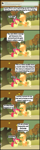 Size: 1047x3910 | Tagged: apple bloom, applejack, artist:bronybyexception, ask honest applejack, comic, derpibooru import, ew, menstruation, pointy ponies, questionable