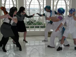 Size: 2048x1536 | Tagged: 2013, artist needed, convention, cosplay, derpibooru import, fight, group photo, human, irl, irl human, katsucon, multeity, musical instrument, octavia melody, photo, rule 63, safe, vinyl album, vinyl scratch