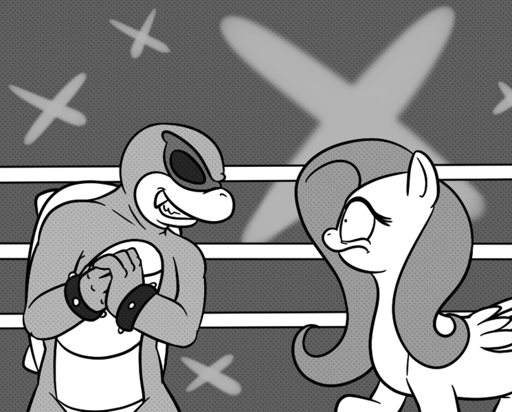 Size: 810x652 | Tagged: artist:meepymaybelle, boxing ring, derpibooru import, fluttershy, implied violence, koopalings, monochrome, nintendo, ring, roy koopa, safe, super mario bros., this will end in pain