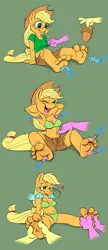 Size: 775x1802 | Tagged: anthro, applejack, armpits, artist:caroo, artist:kuroi-wolf, assisted exposure, barefoot, belly button, bra, breasts, clothes, comic, cute, disembodied hand, feet, female, fluttershy, foot fetish, foot massage, heart, magic, massage, panties, pinkie pie, plantigrade anthro, rainbow dash, sandals, simple background, suggestive, sweat, tickle torture, tickling, underwear, undressing